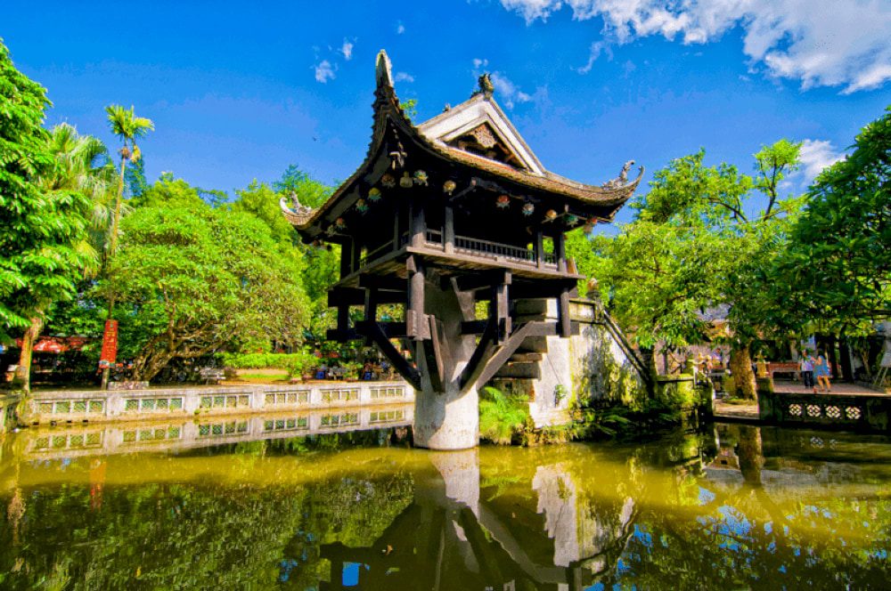 A view of the One Pillar Pagoda standing above a lotus pond in Hanoi, Vietnam