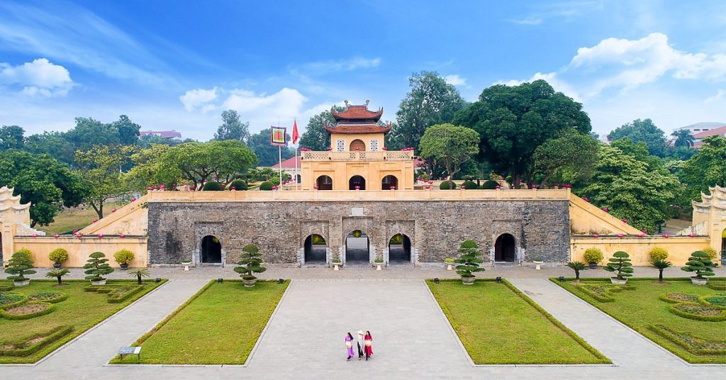 Main gate of the Imperial Citadel of Thang Long in Hanoi with tourists walking