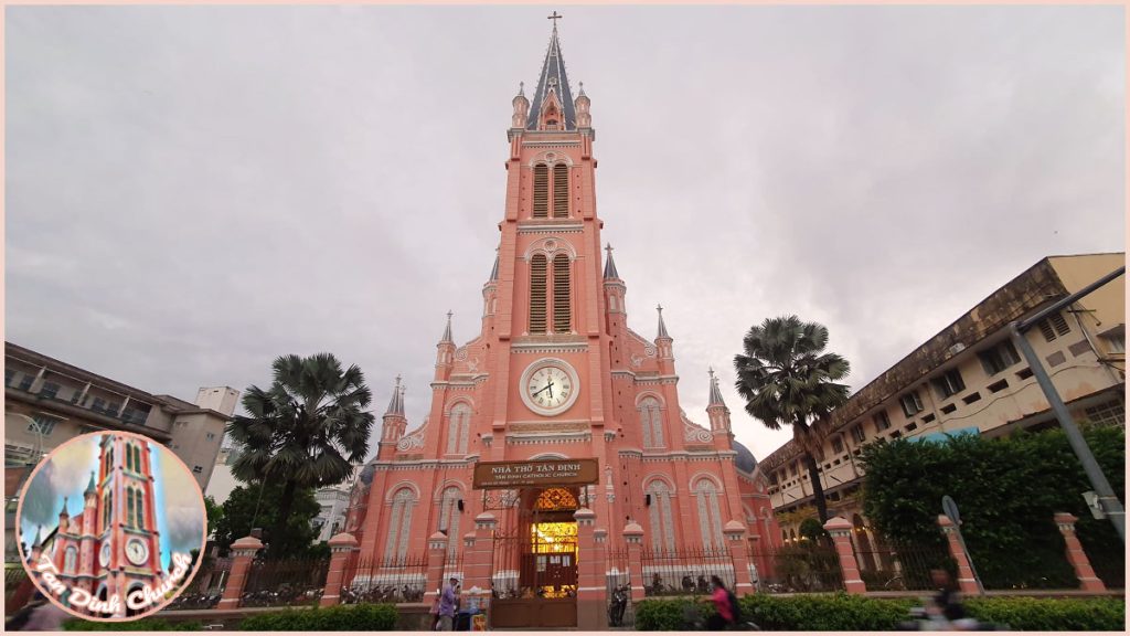 Tan Dinh Church with vibrant pink facade and Gothic-style architecture in Ho Chi Minh City