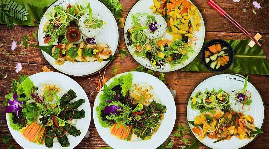 "Colorful vegetarian plate at a Hanoi restaurant