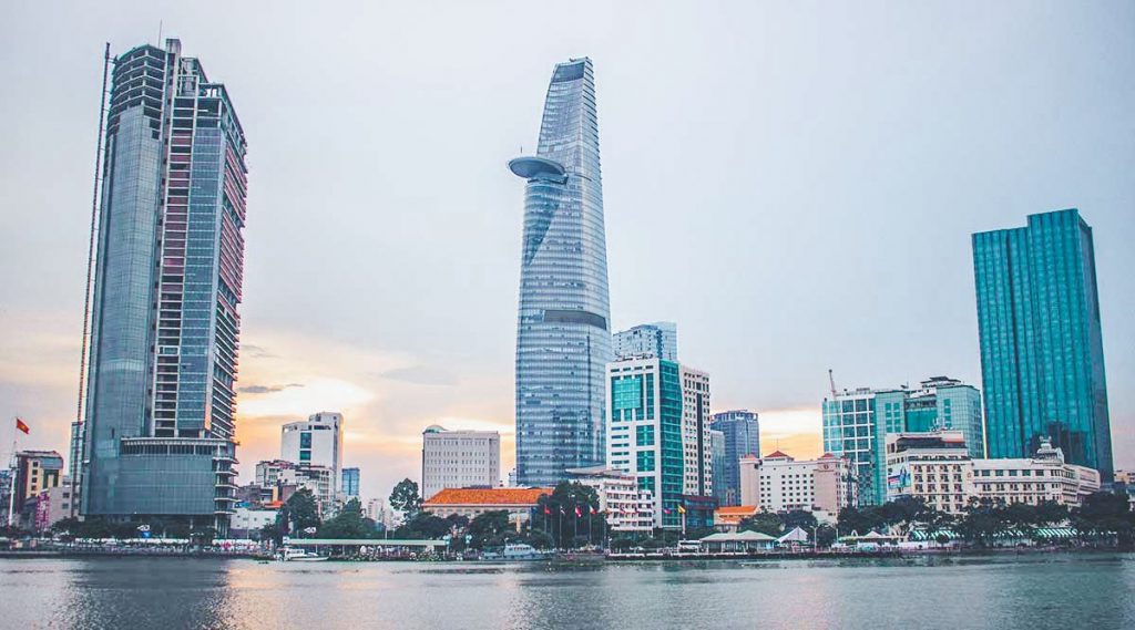 Ho Chi Minh City skyline at sunset with Bitexco Tower