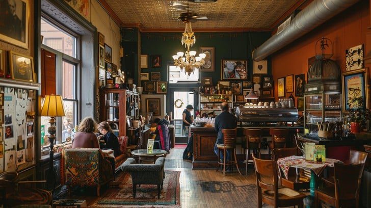 Interior of a retro vintage restaurant with old-fashioned decor and cozy lighting