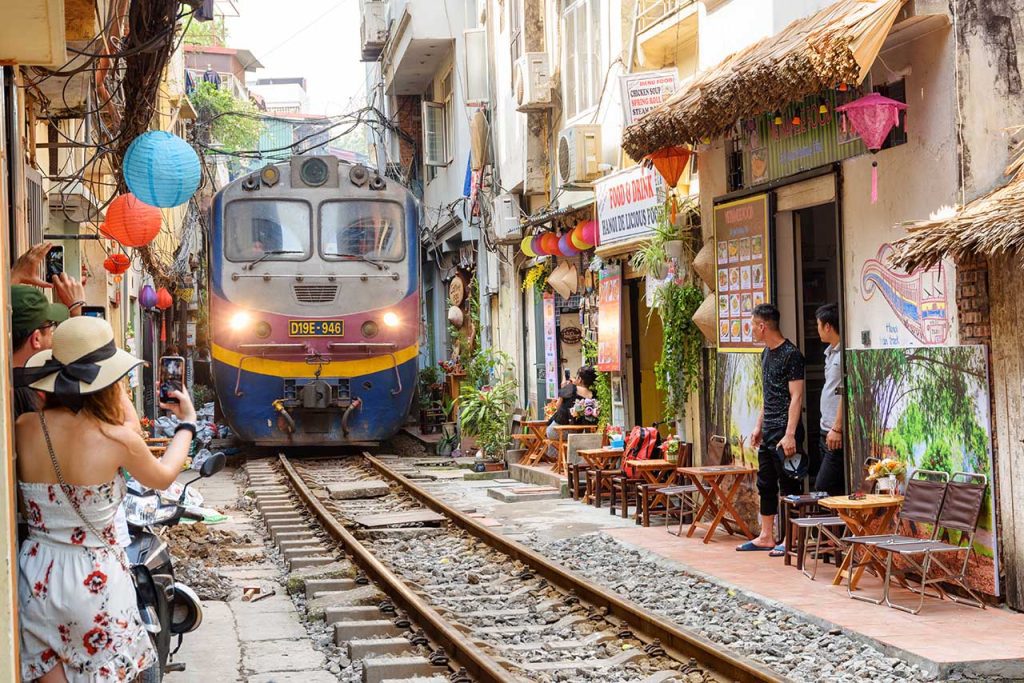 Street view of Hanoi Old Quarter with travelers exploring