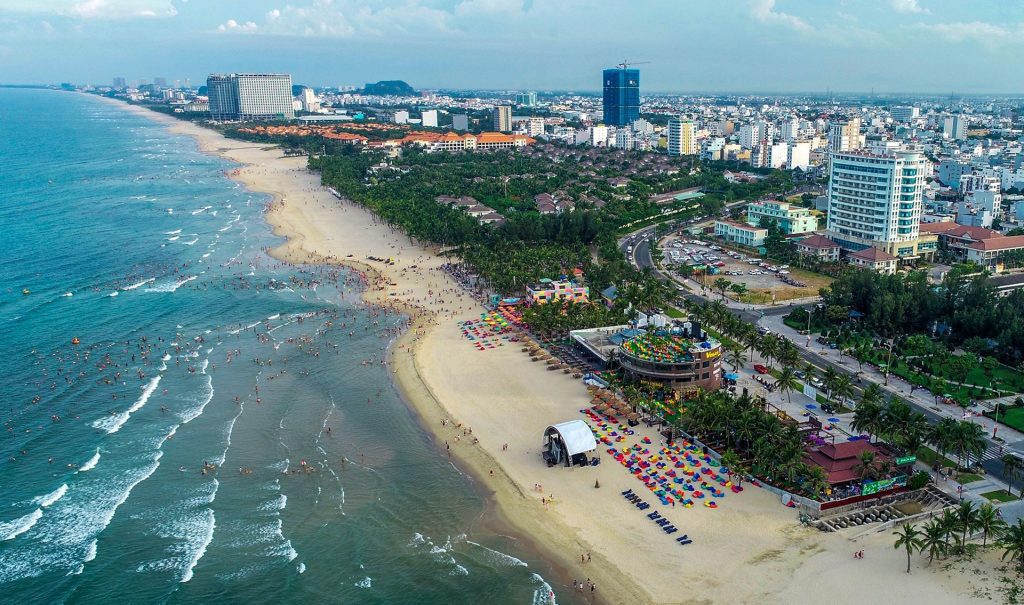 Aerial view of luxury beach resorts at Non Nuoc with pristine sands and turquoise waters.