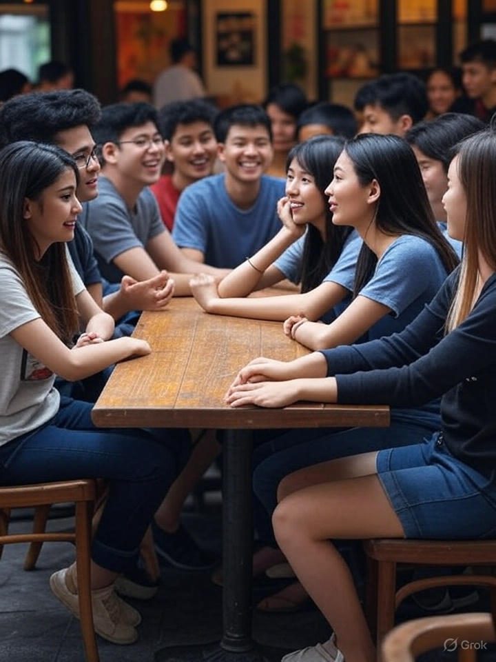A group of young people in Hanoi using slang while chatting in a café