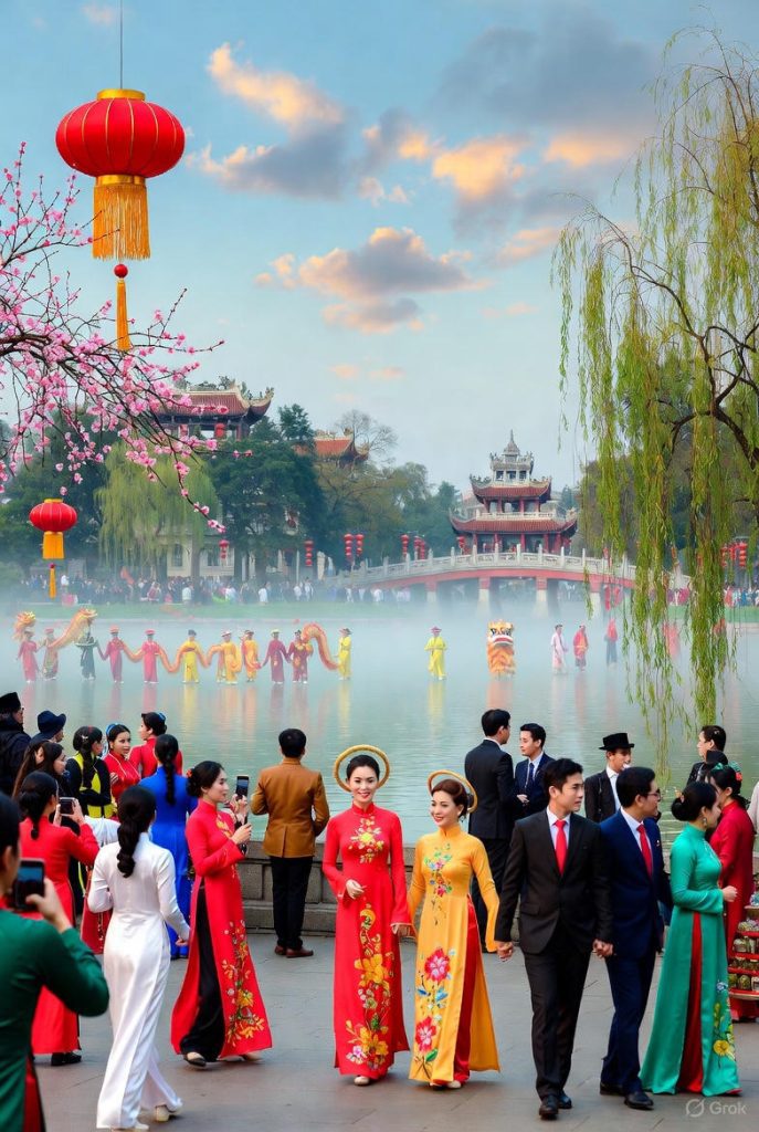 Hanoians in Ao Dai celebrating Tet around Hoan Kiem Lake