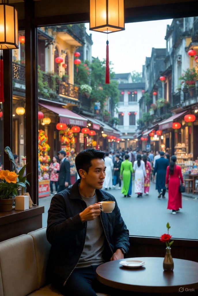 Traveler enjoying coffee in Hanoi Old Quarter café