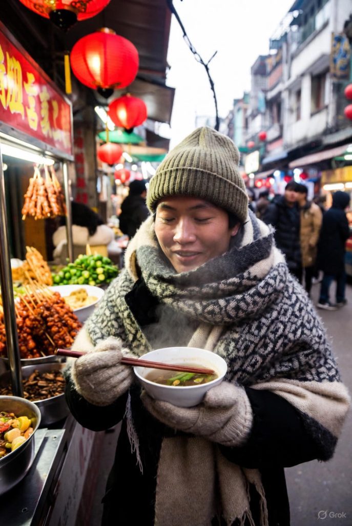 Traveler enjoying Hanoi winter street food in cold weather