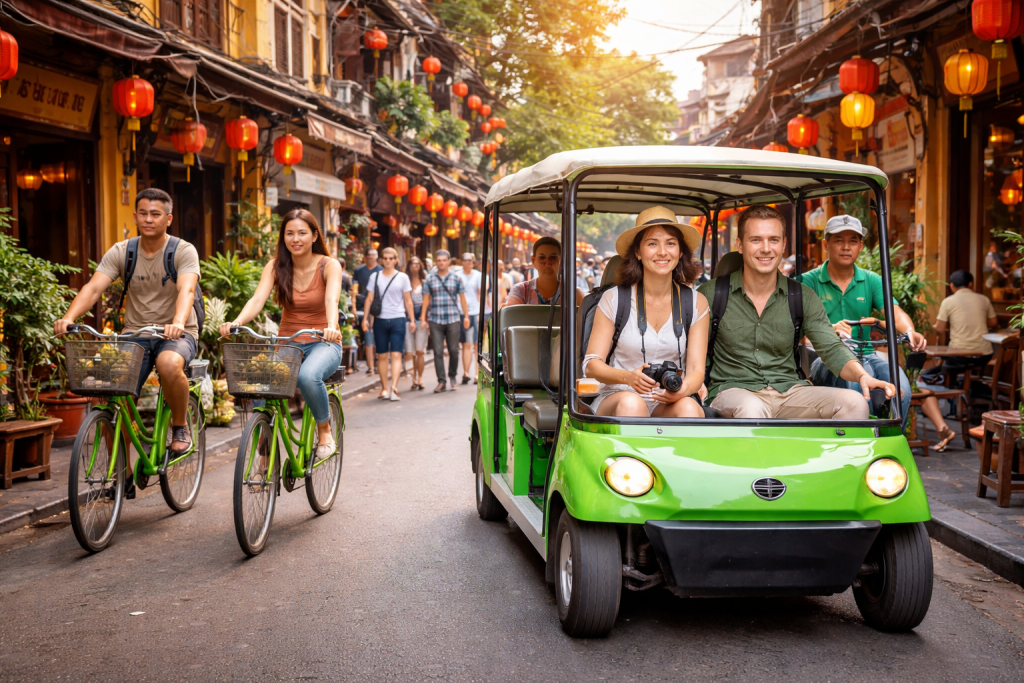 Tourists exploring Hanoi Old Quarter using eco friendly transport