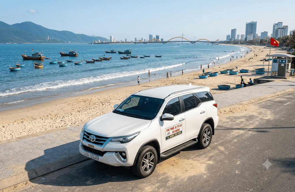 car rental Da Nang parked near the coastline