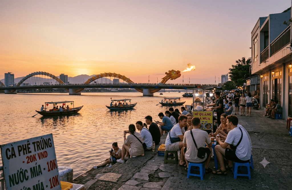 Da Nang budget travel along the riverside at sunset