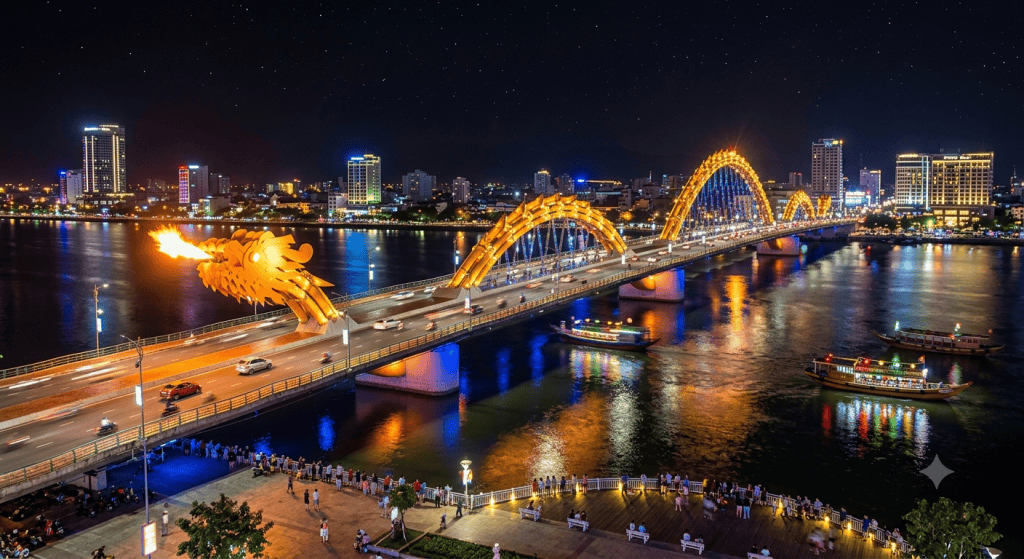 Dragon Bridge lit up along the Han River, Da Nang