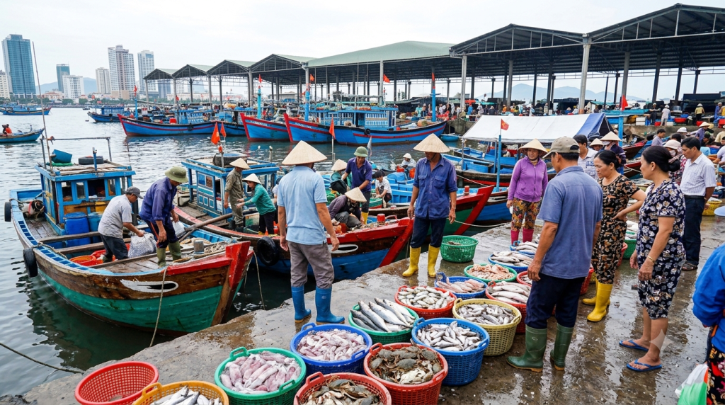 Fishermen selling fresh catch at Da Nang seafood market